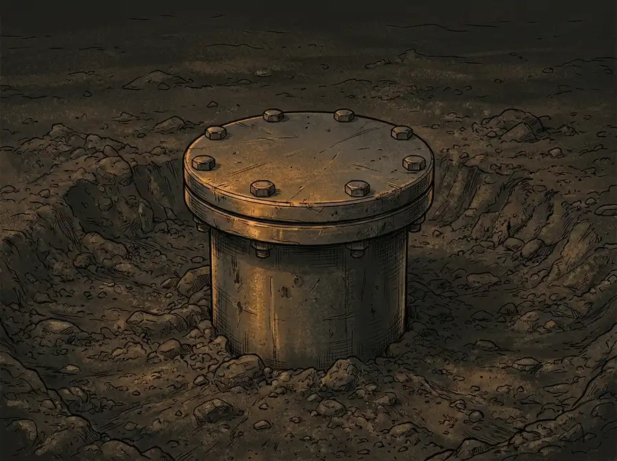 Illustration of a well casing stub and cap set into open ground, closely cropped