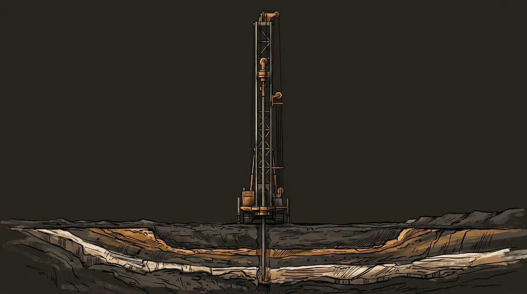 Illustration of a drill rig mast rising over open ground, with the well bore shown in cross-section below grade